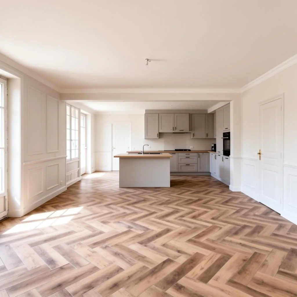 Intérieur rénové avec parquet chevron et cuisine ouverte en Seine-et-Marne