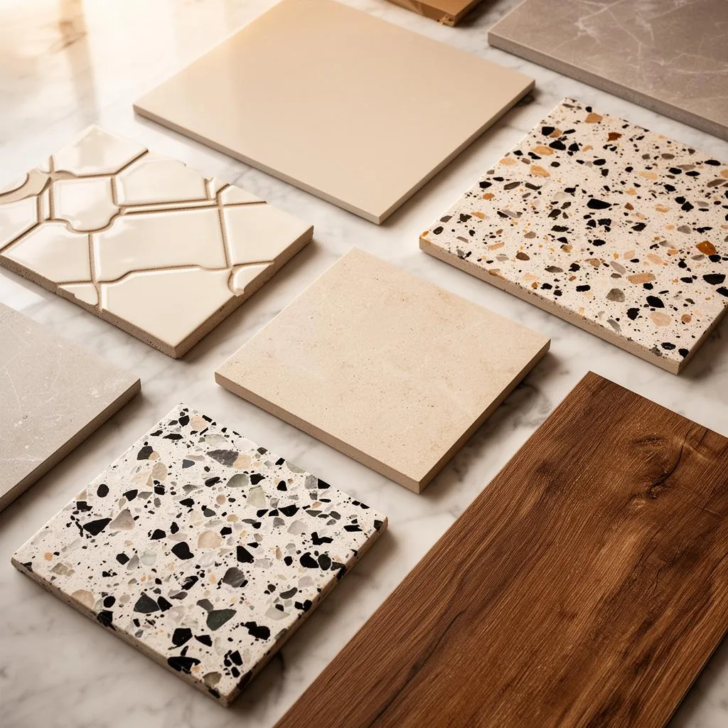 Échantillons de carrelage : grès cérame, terrazzo, faïence et imitation bois