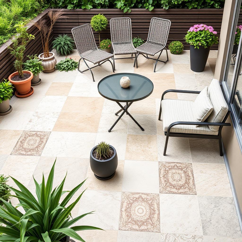 Terrasse extérieure aménagée avec carrelage grès cérame imitation pierre