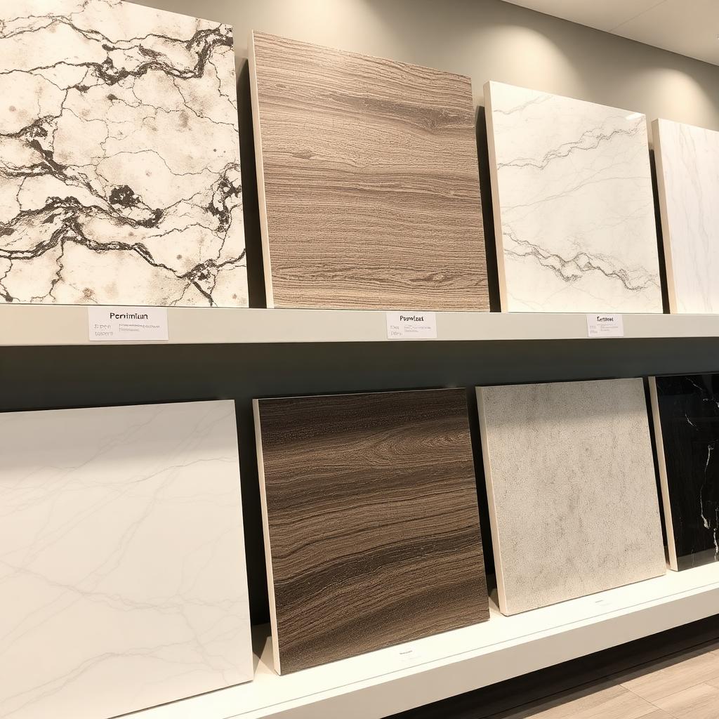 Échantillons de grès cérame en showroom : marbre, bois, béton