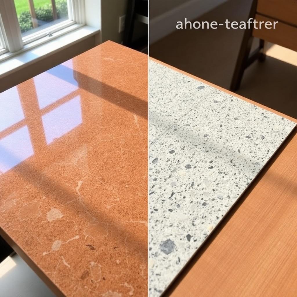 Comparaison d'un sol en résine époxy brillante et d'une moquette de pierre texturée