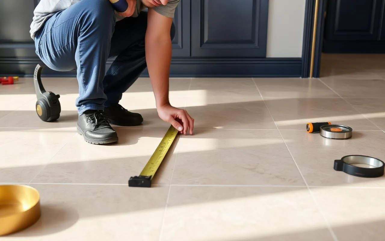 Carreleur professionnel mesurant un sol avant la pose du carrelage