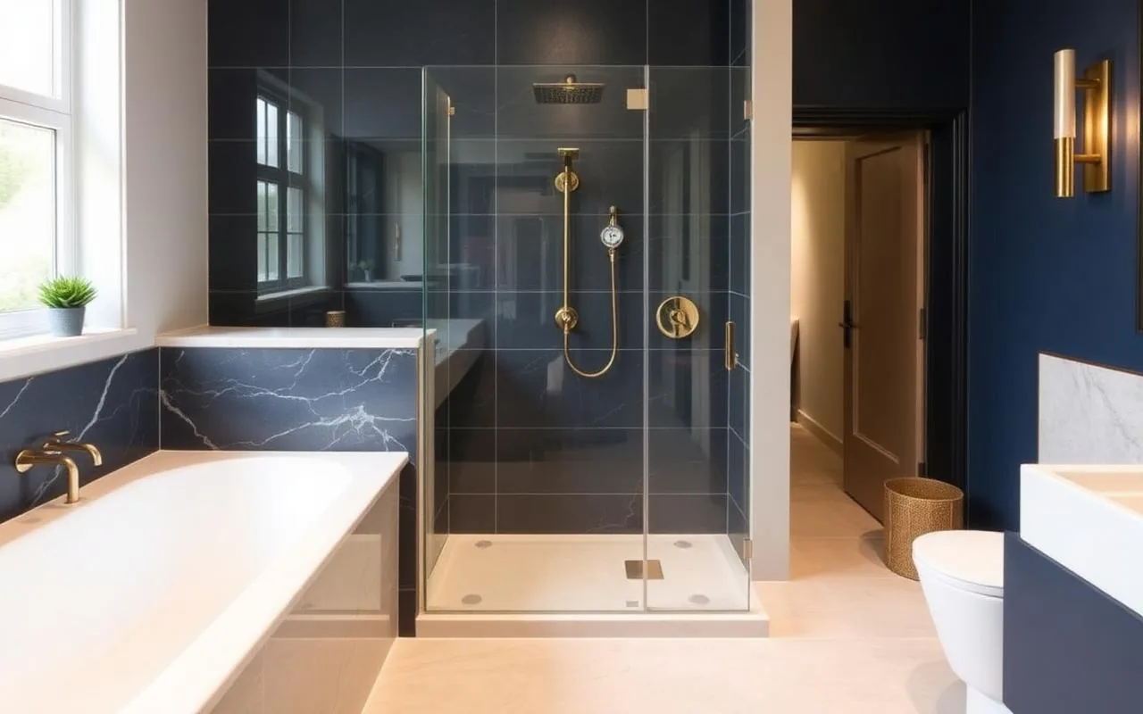 Douche italienne moderne avec carrelage grand format et accessoires dorés