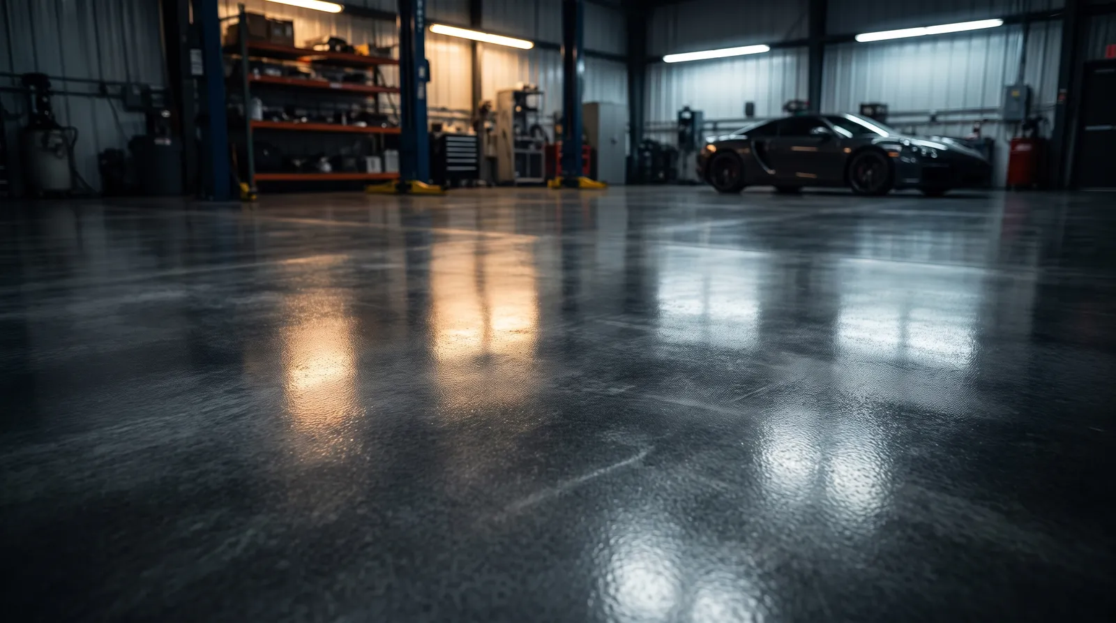 Sol de garage en résine époxy métallisée à effet miroir reflétant l'éclairage