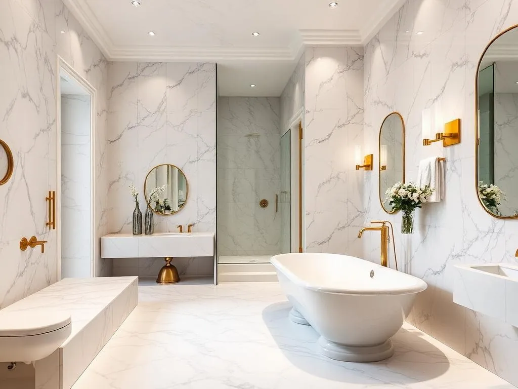 Salle de bain haut de gamme en carrelage effet marbre – chantier Car Sol à Serris