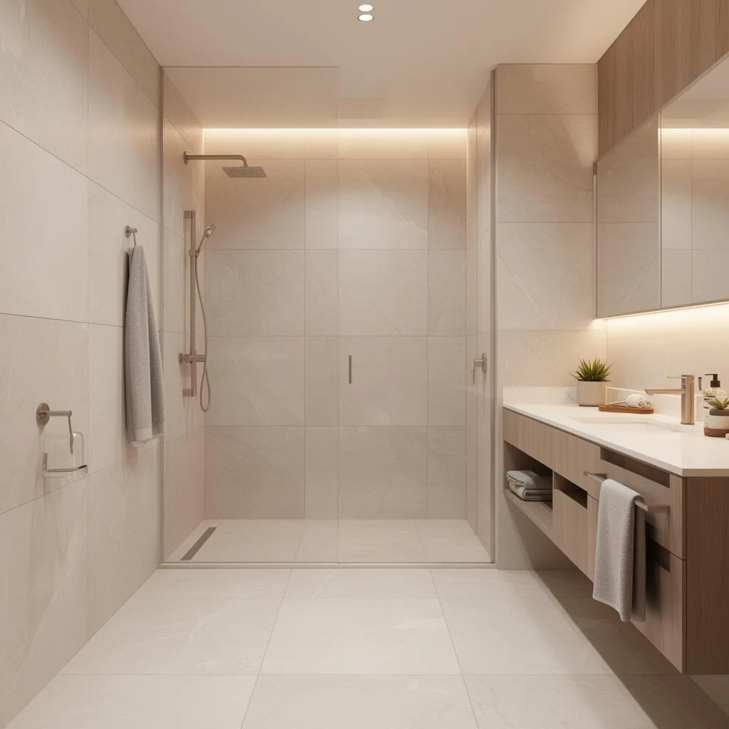Salle de bain moderne rénovée avec douche italienne et carrelage grand format