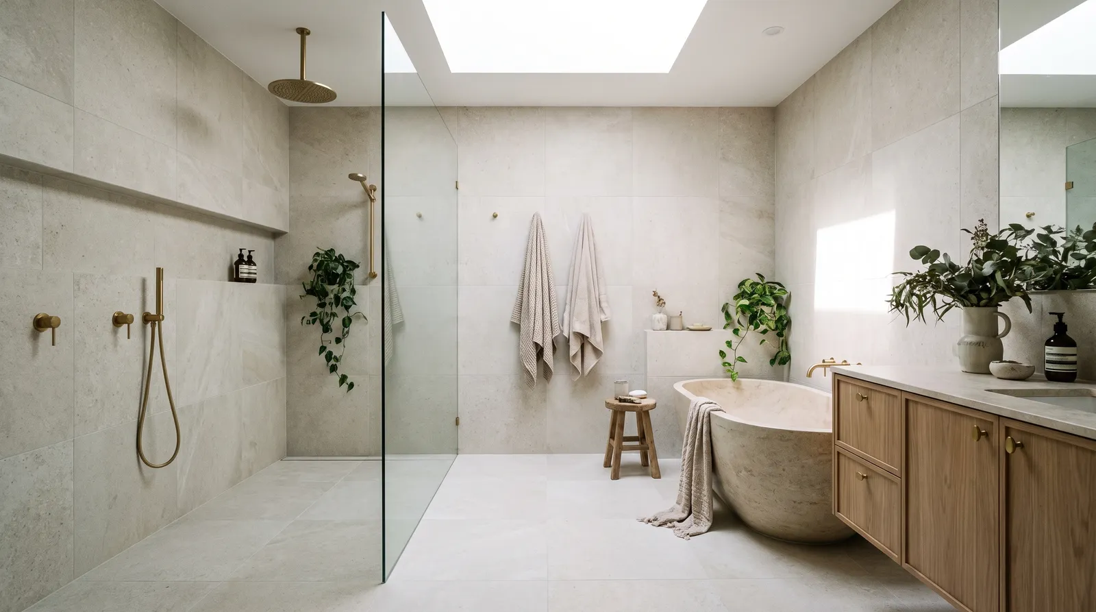 Salle de bain rénovée avec douche à l'italienne, receveur à carreler et paroi verre