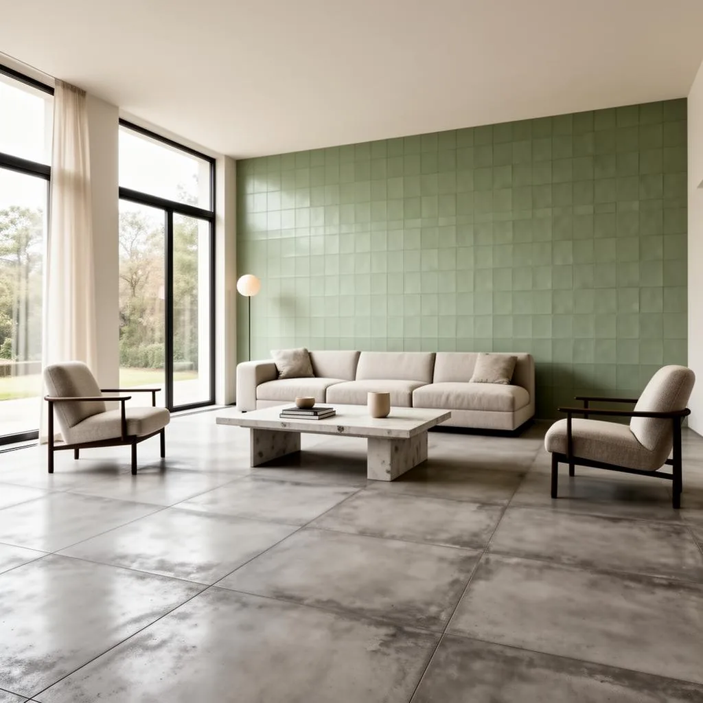 Salon moderne avec carrelage grand format effet béton et mur zellige vert sauge